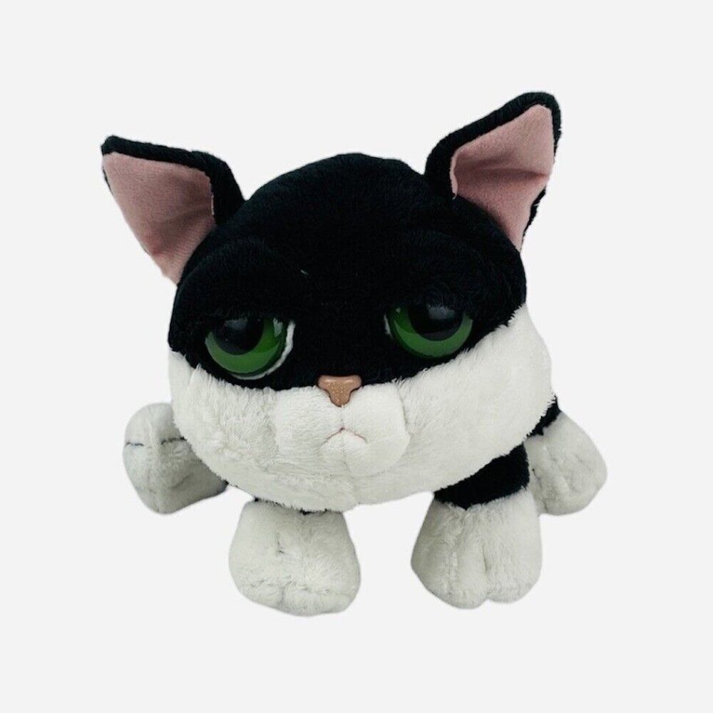 RARE Keel Toys Black White Tuxedo Cat Plush 10" Big Head Sad Grumpy Kitty Green